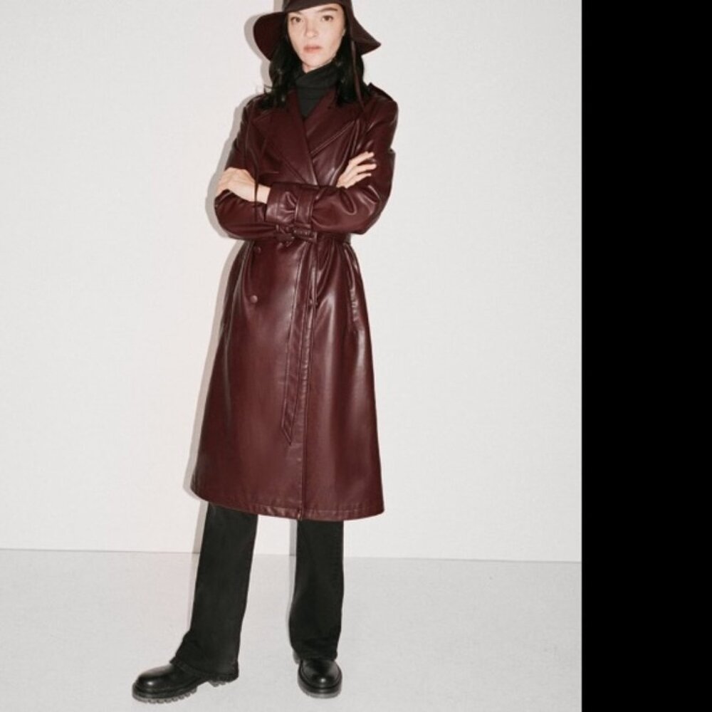 NWT ZARA Burgundy/Maroon Faux Leather Trench Coat, Sz L